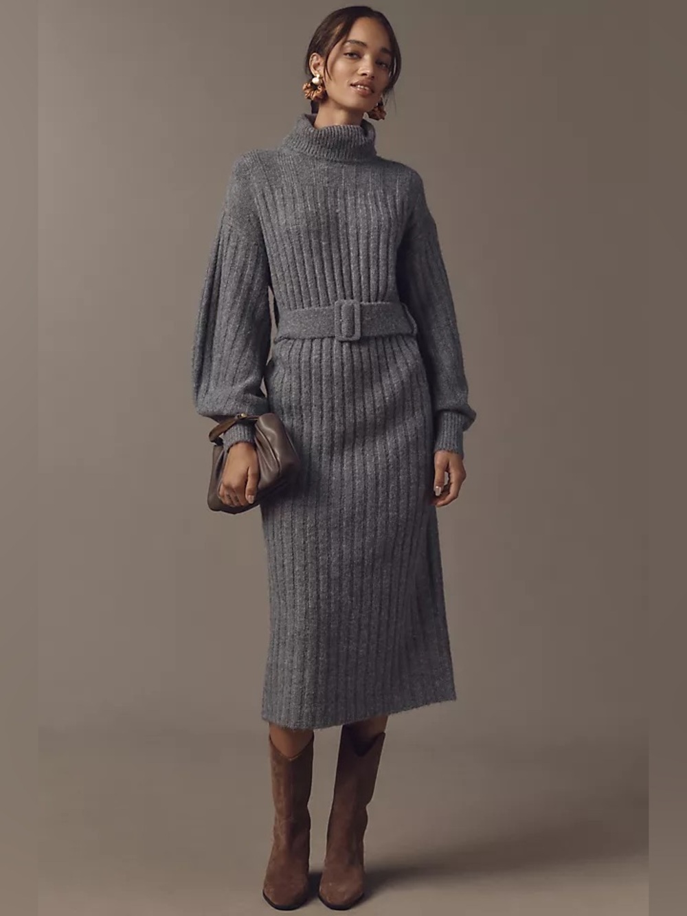 By Anthropologie Long-Sleeve Turtleneck Belted Sweater Midi Dress, Grey, Large